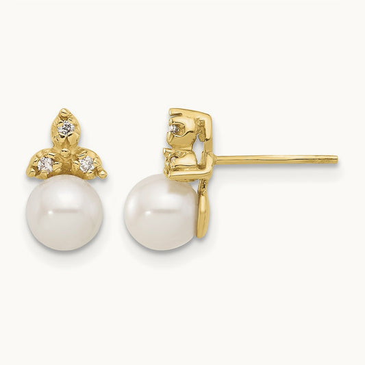 5- Button Freshwater Cultured Pearl .06ct Dia Post Earrings, 6mm, 14K