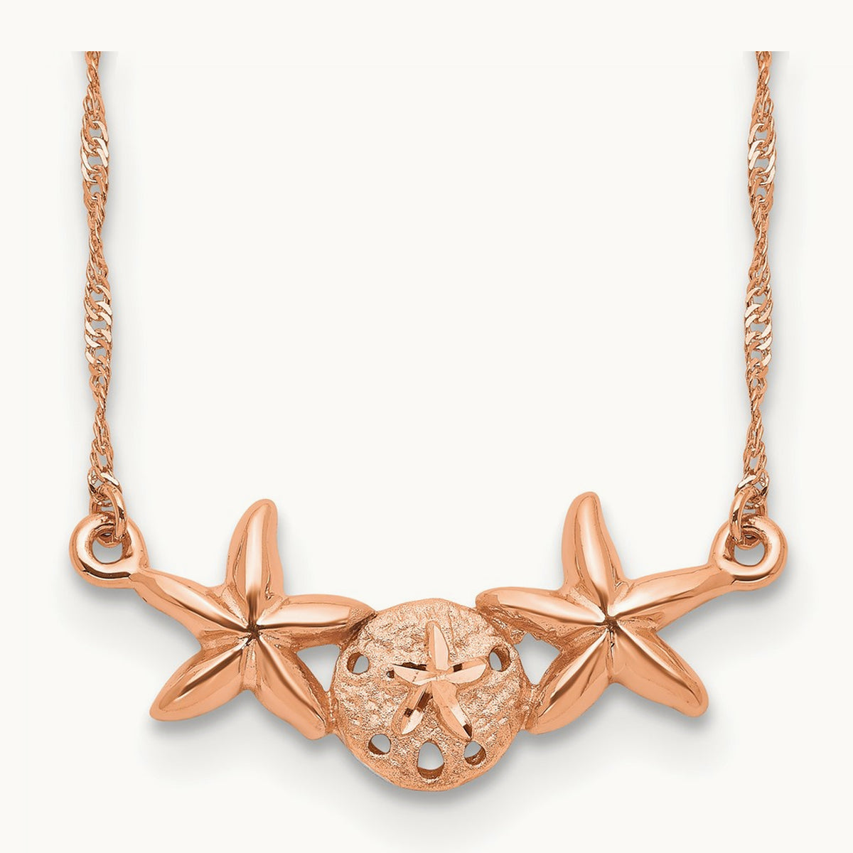 Brushed & Polished Sand Dollar Starfish Necklace — 14K Rose Gold