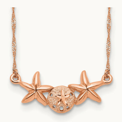 Brushed & Polished Sand Dollar Starfish Necklace — 14K Rose Gold