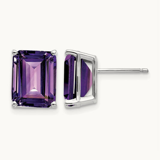 10x8 Emerald Cut Amethyst Stud Earrings, 14K White Gold