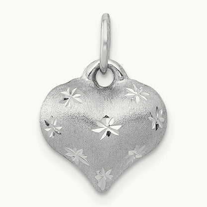 Satin Diamond-cut 3D Puffed Heart Pendant, 14K White Gold