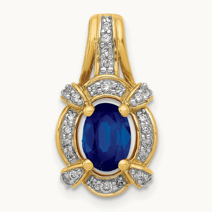 Diamond and Sapphire Fancy Oval Pendant — 14K Yellow Gold