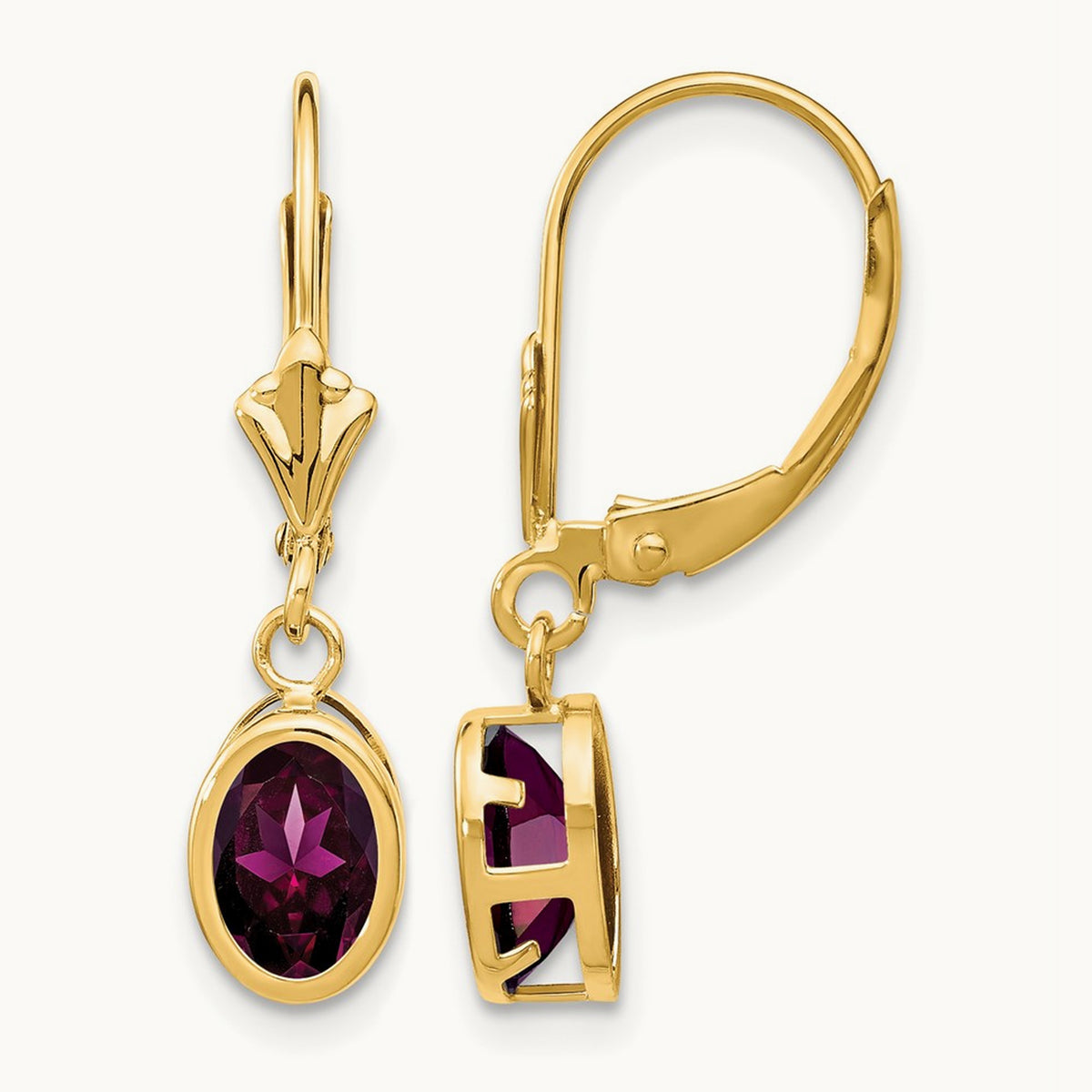 7x5mm Oval Rhodolite Garnet Leverback Earrings, 14K