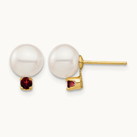 7- White Round Freshwater Cultured Pearl Garnet Post Earrings, 7.5mm, 14K