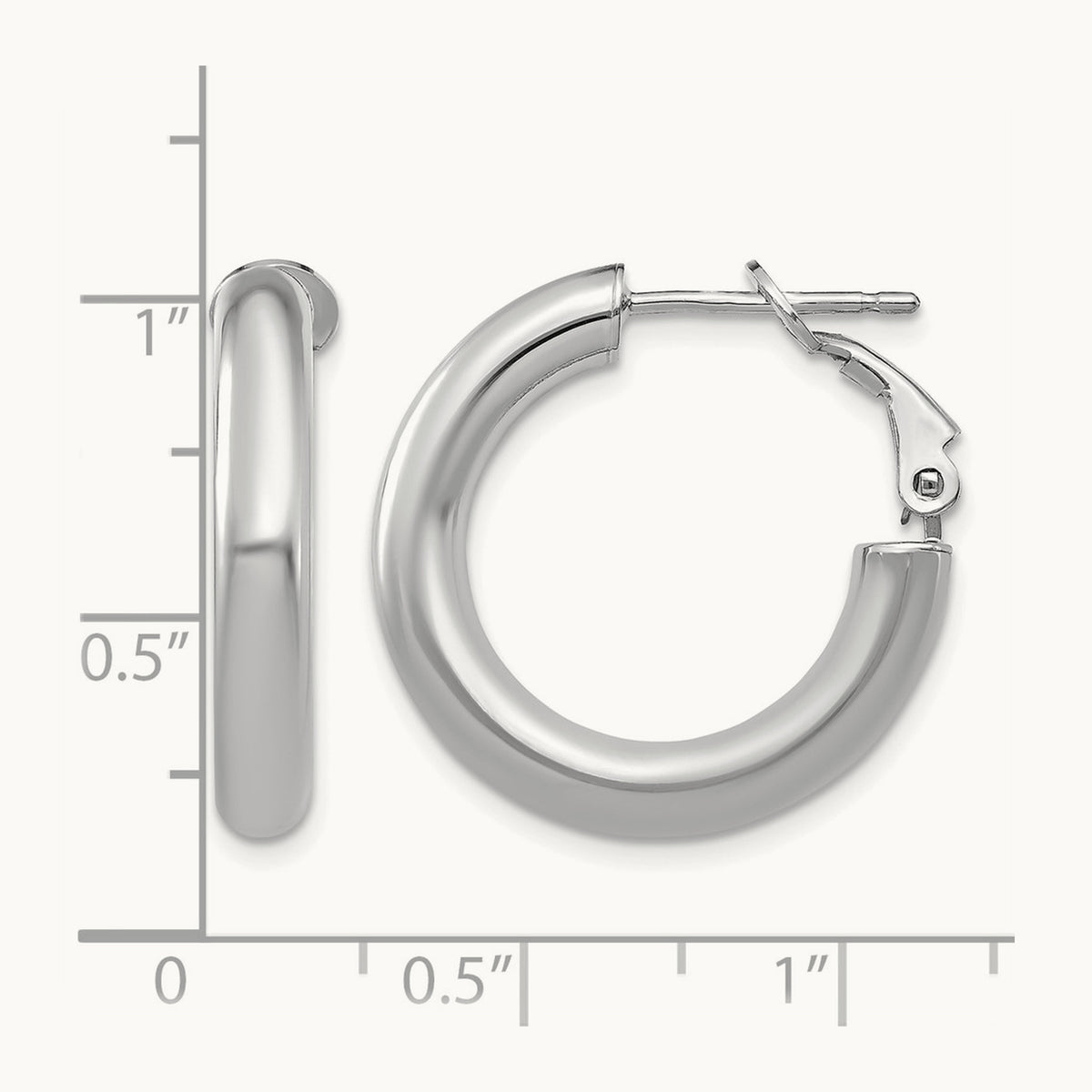Polished Round Omega Back Hoop Earrings — 14K White Gold, 4x23mm