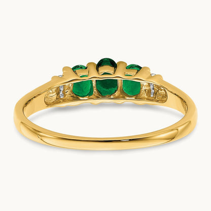 Polished Triple Emerald and Diamond 3-stone Ring, 14K