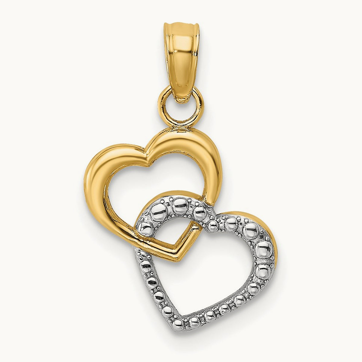 w/ Rhodium Polished and Textured Intertwined Hearts Charm, 14K