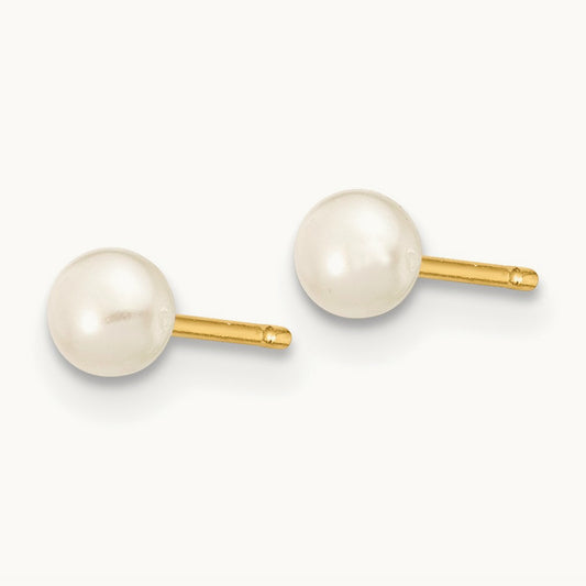 3- White Button Freshwater Cultured Pearl Stud Post Earrings, 4mm, 14K