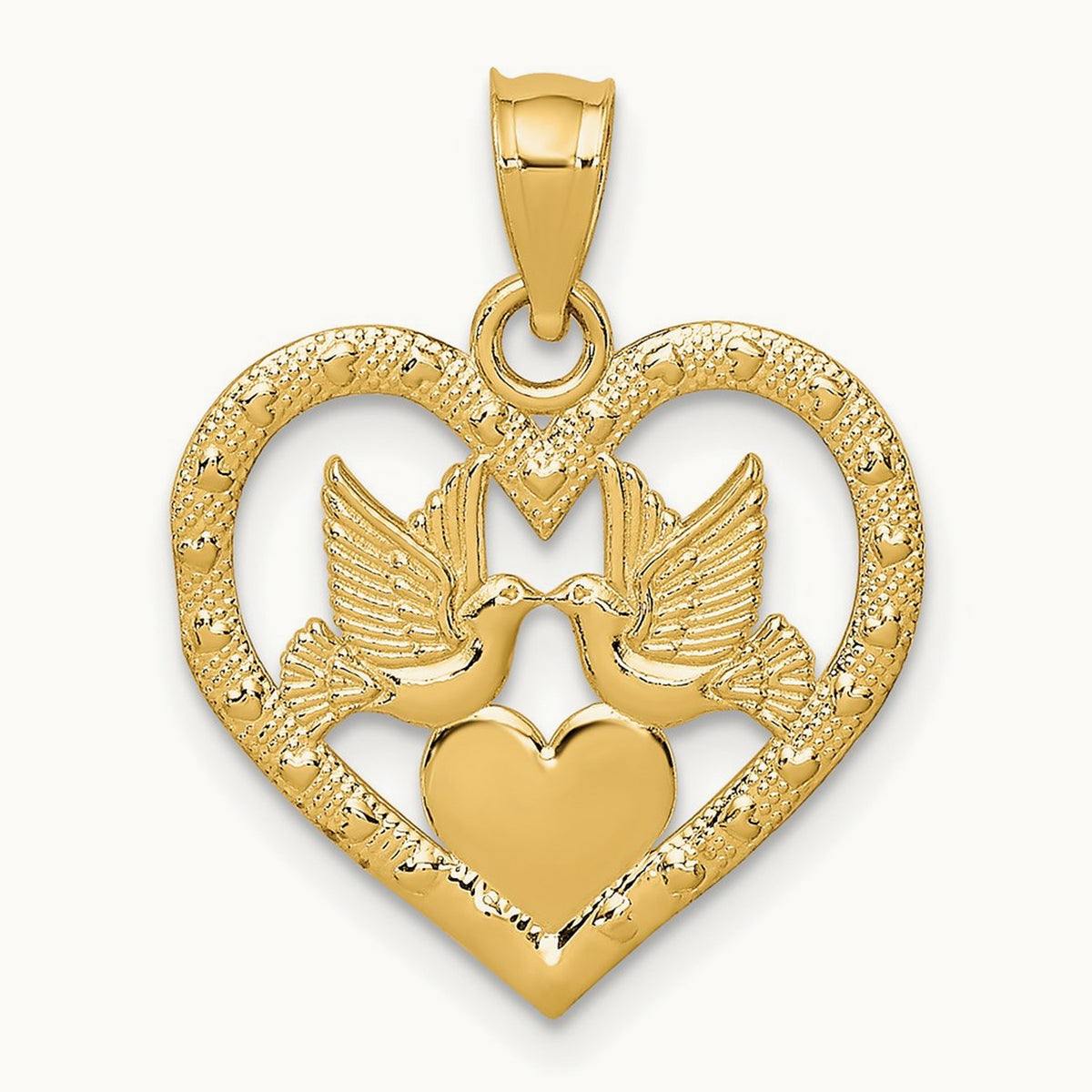 Doves In Heart Charm — 14K Yellow Gold