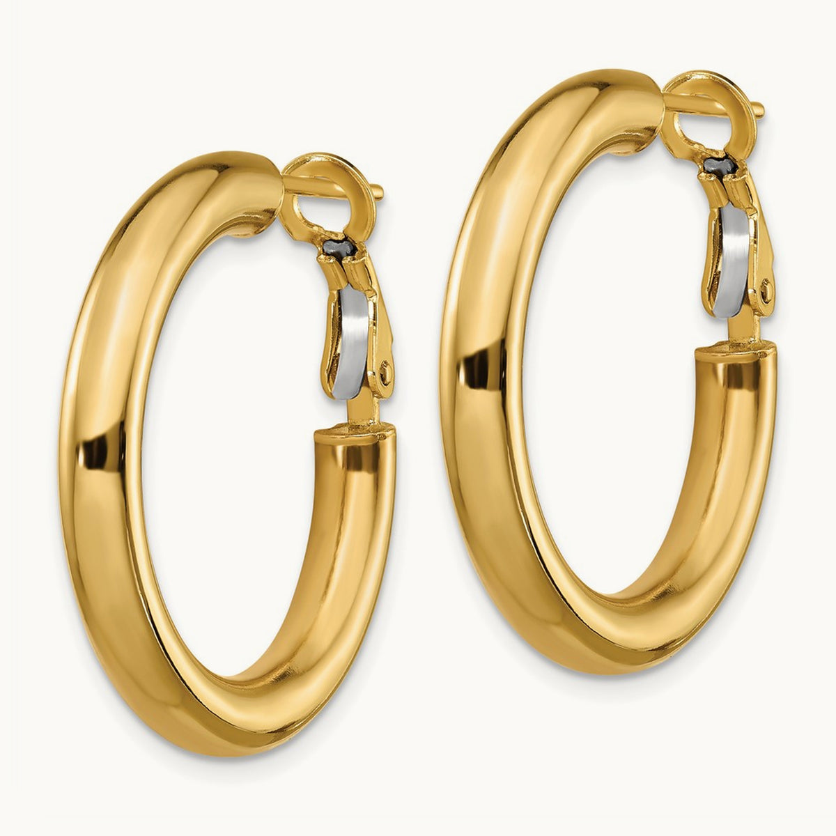 Polished Round Omega Back Hoop Earrings — 14K Yellow Gold, 4x28mm