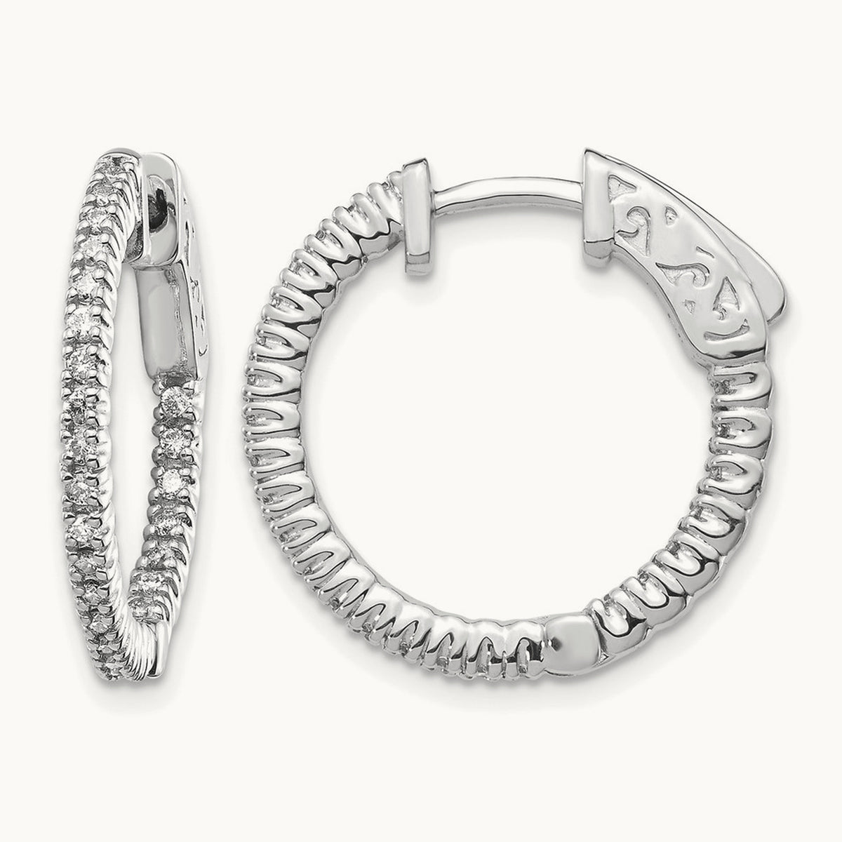 Diamond Round Hoop w/Safety Clasp Earrings, 14K White Gold