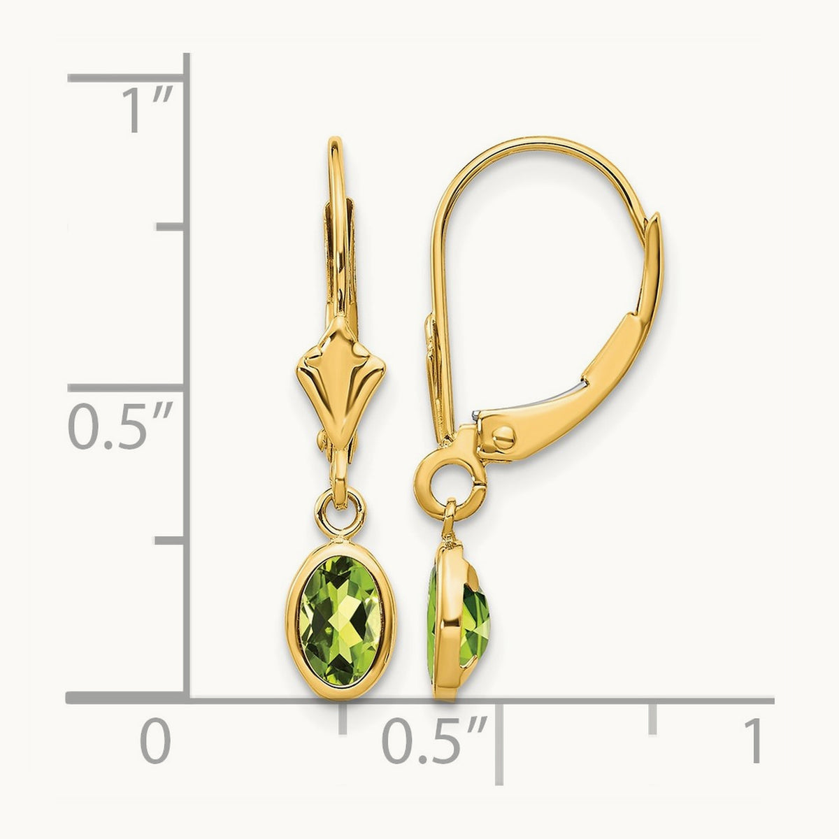 6x4 Oval Bezel August/Peridot Leverback Earrings — 14K Yellow Gold