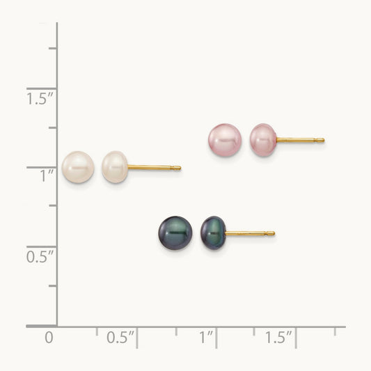 5- Button Freshwater Cultured Pearl Boxed 3 pair Post Earrings Set, 6mm, 14K