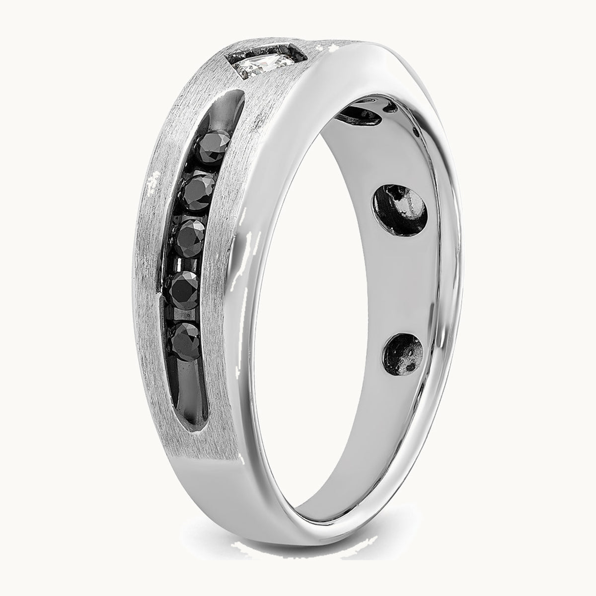 IBGoodman 14K White Gold with Black Rhodium Polished Satin and Grooved 1/2 Carat AA Quality Black and White Diamond Ring