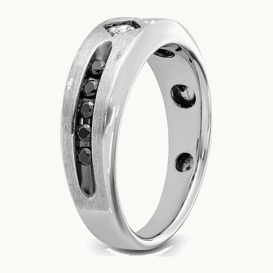 IBGoodman 14K White Gold with Black Rhodium Polished Satin and Grooved 1/2 Carat AA Quality Black and White Diamond Ring