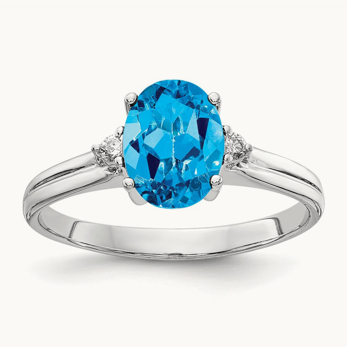 8x6mm Oval Blue Topaz AA Diamond ring, 14K White Gold