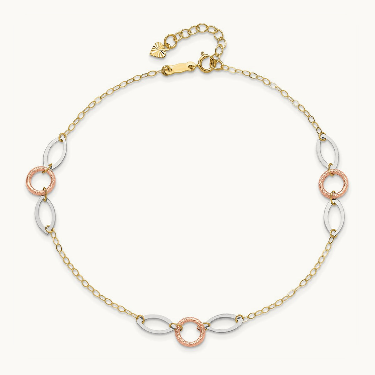 Tri-color Circle and Oval 9in Plus 1in ext. Anklet, 14K