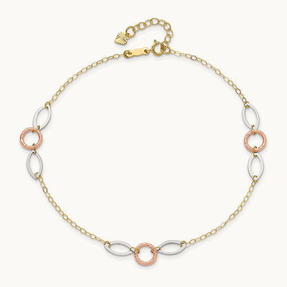 Tri-color Circle and Oval 9in Plus 1in ext. Anklet, 14K