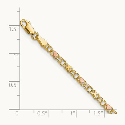 X's and Hearts 10in Anklet, 14K with Rose