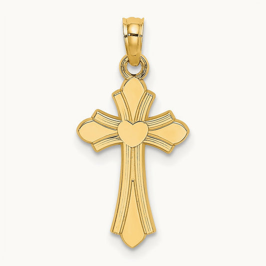 Polished Cross w/ Heart Charm, 14K