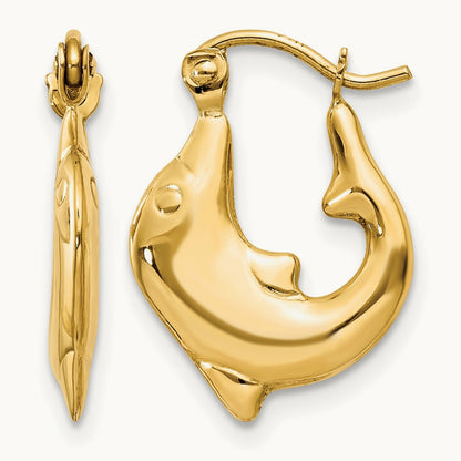 Polished Dolphin Hoop Earrings — 14K Yellow Gold, 12.5mm