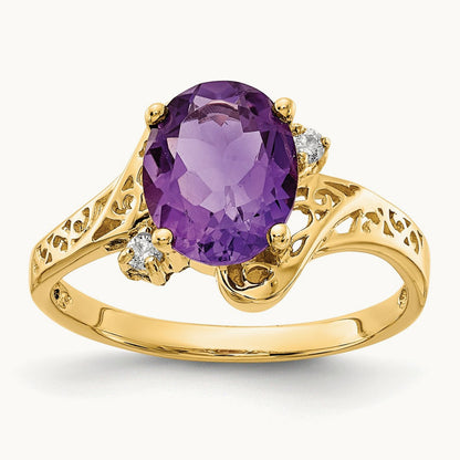 9x7mm Oval Amethyst AA Diamond ring, 14K