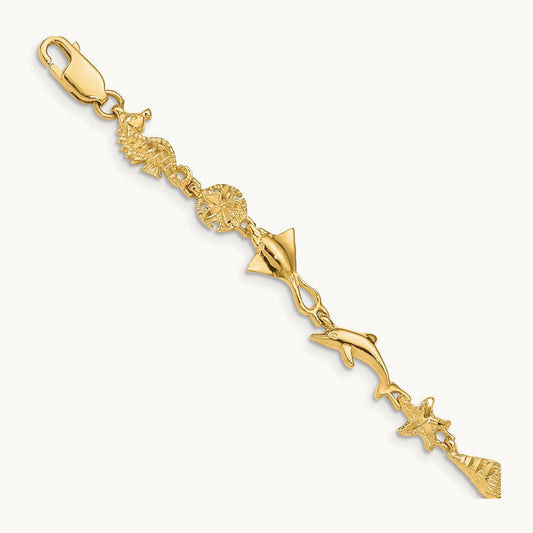 Polished and Textured Ocean Motif 7 inch Bracelet, 14K
