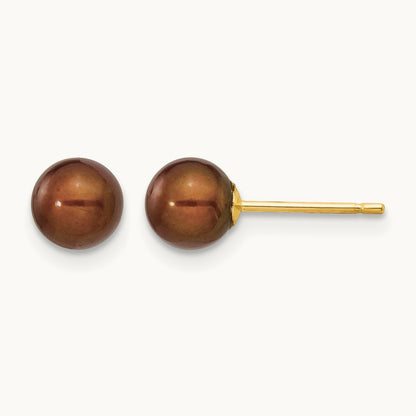 5- Brown Round Freshwater Cultured Pearl Stud Post Earrings, 6mm, 14K