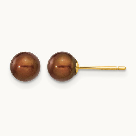 5- Brown Round Freshwater Cultured Pearl Stud Post Earrings, 6mm, 14K