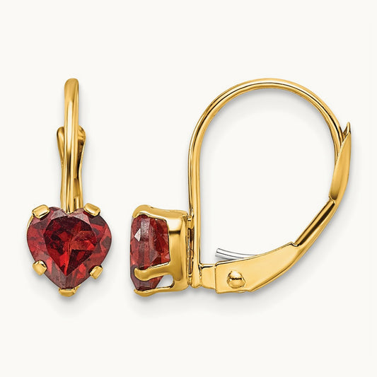Heart Garnet Leverback Earrings — 14K Yellow Gold