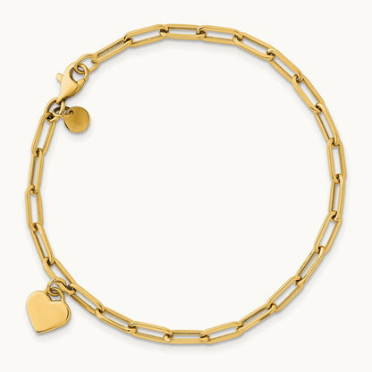 Polished Dangle Heart 7.25in Paperclip Bracelet, 14K