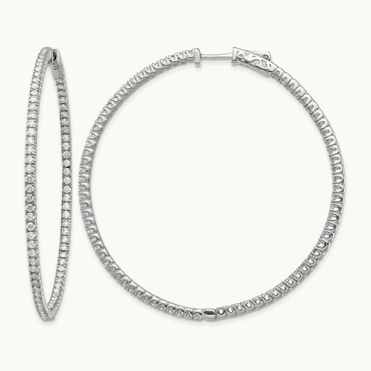Diamond Round Hoop w/Safety Clasp Earrings, 14K White Gold