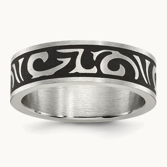 Brushed Enameled Swirl Design Band, 7mm, Stainless Steel