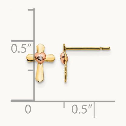 & Rose Gold Madi K Children's Cross Heart Post Earrings, 14K Yellow
