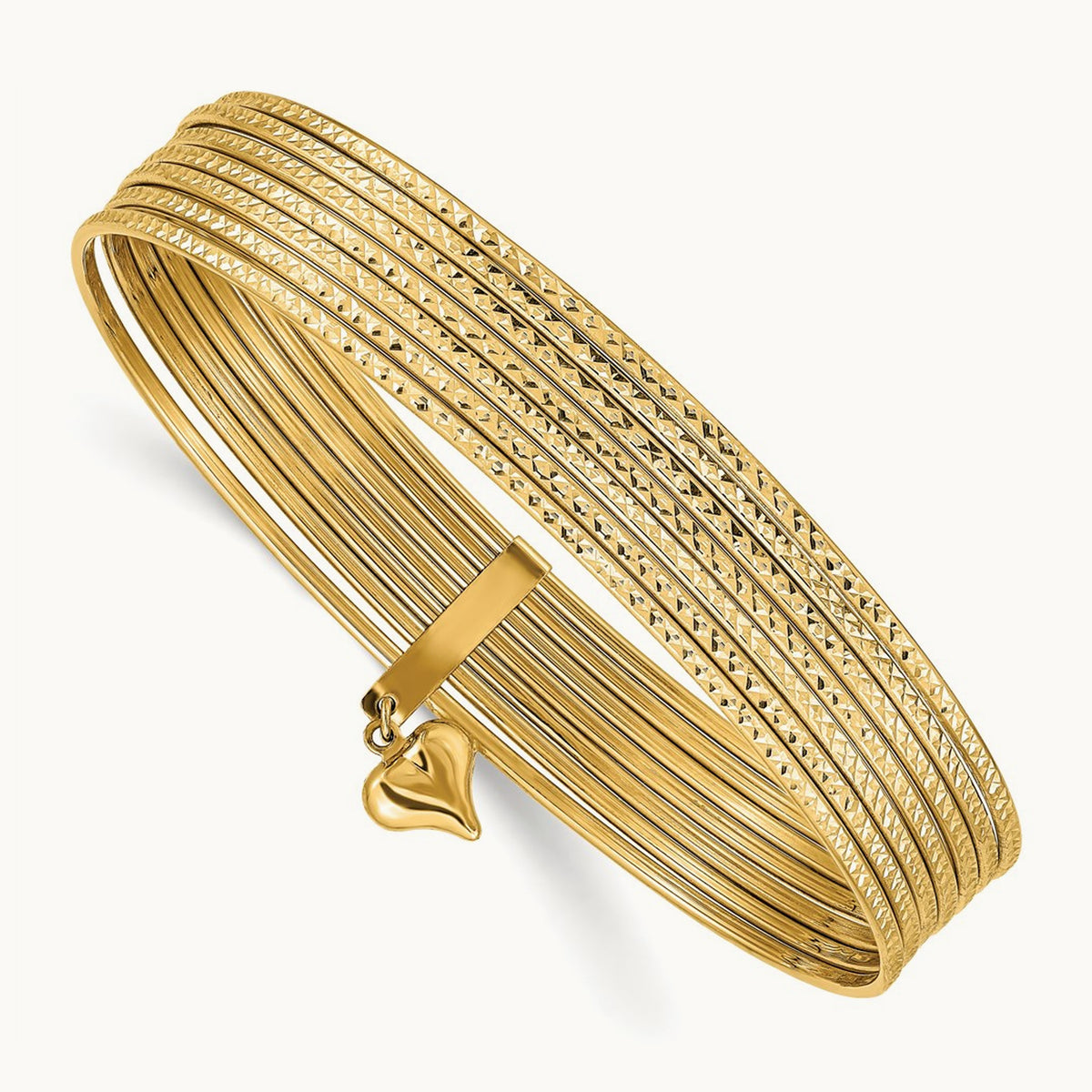 w/ Dangle Heart Set of 7 Slip-on Textured Bangles, 14K