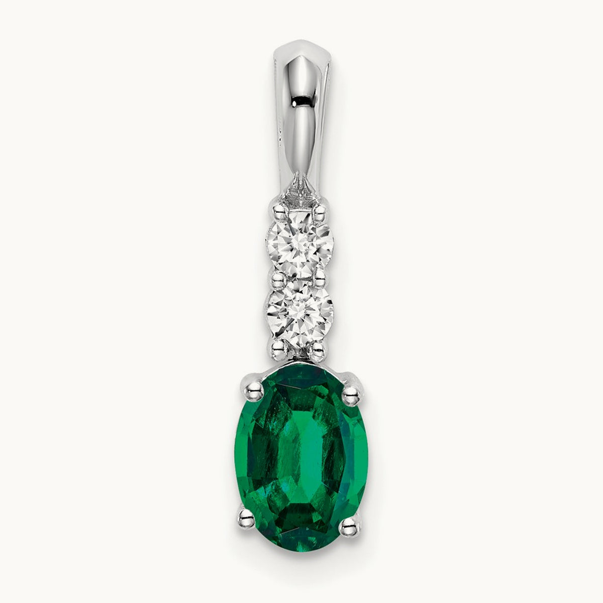 Oval Created Emerald and Diamond Pendant, 14K White Gold