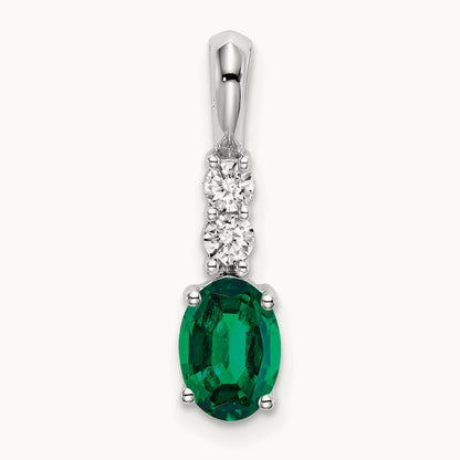 Oval Created Emerald and Diamond Pendant, 14K White Gold