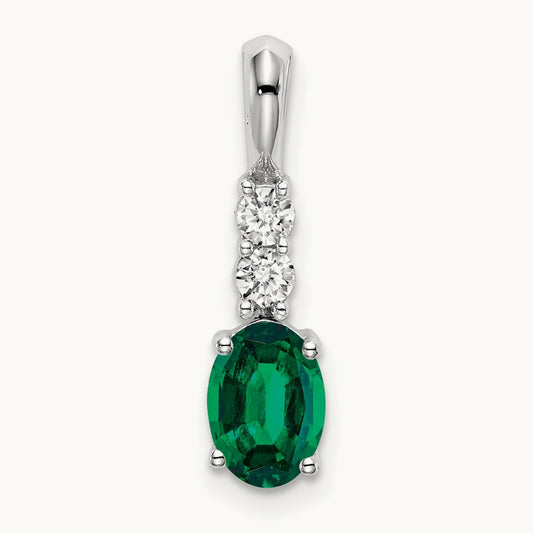 Oval Created Emerald and Diamond Pendant, 14K White Gold