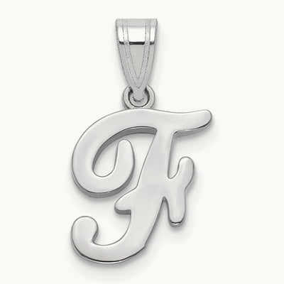 White Gold Script Letter F Initial Pendant, 14K White Gold