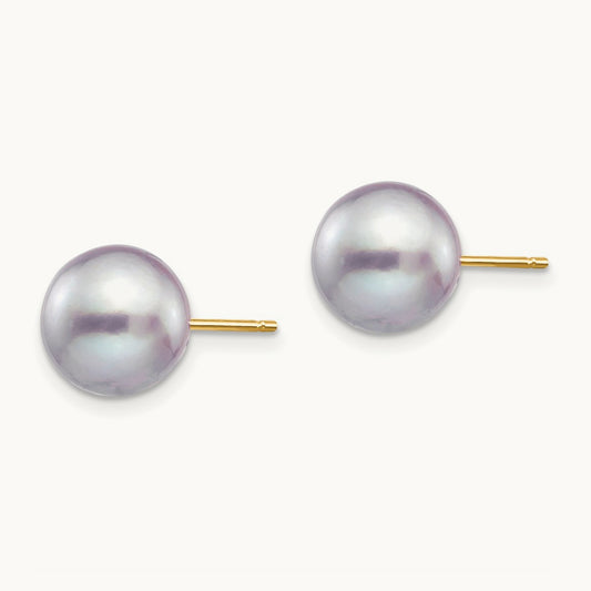 9- Grey Round Freshwater Cultured Pearl Stud Post Earrings, 10mm, 14K