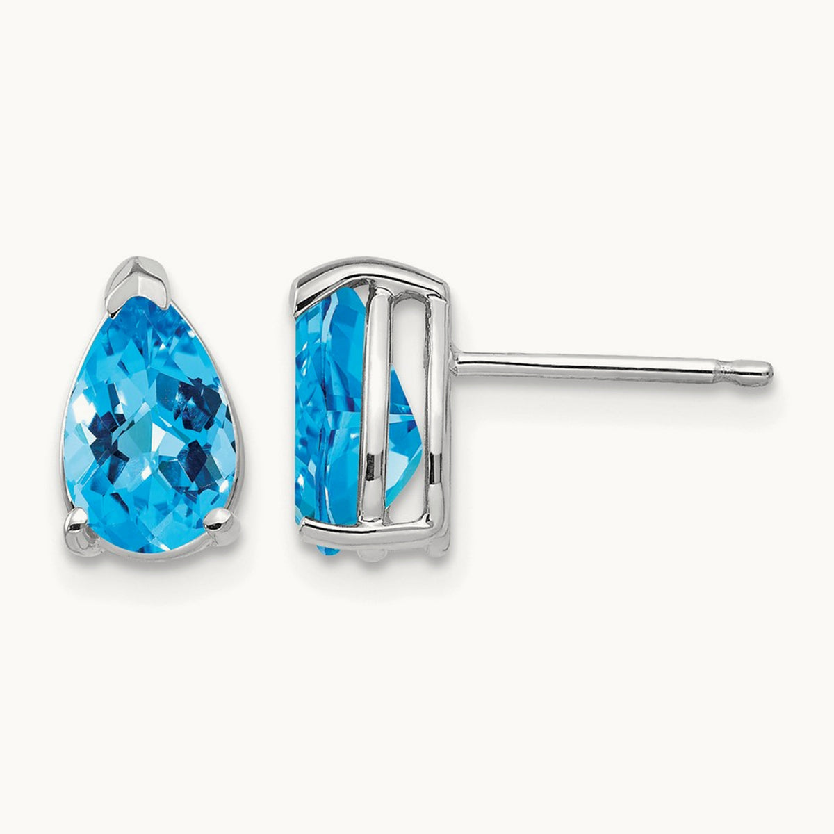 8x5mm Pear Blue Topaz Checker Earrings, 14K White Gold
