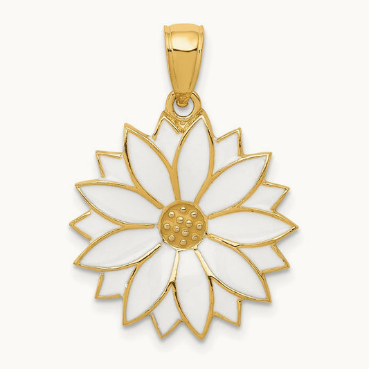Enameled White Daisy Flower Pendant, 14K