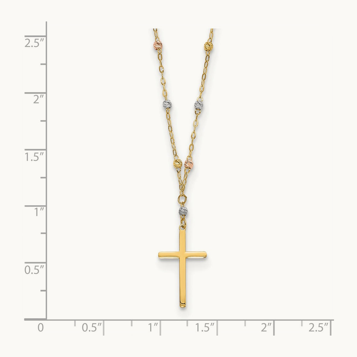 Tri-color Diamond-cut Beaded Polished Cross Necklace, 14K