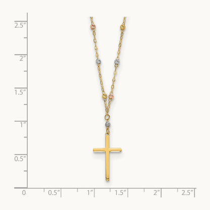 Tri-color Diamond-cut Beaded Polished Cross Necklace, 14K