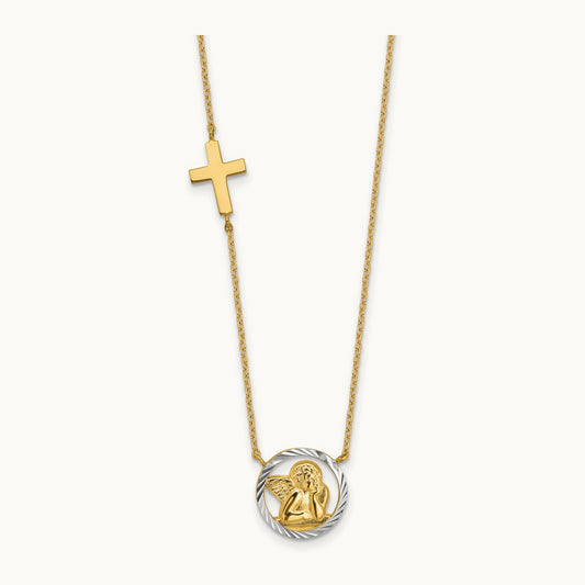 Rhodium-plated D/C Angel & Cross Necklace, 14K