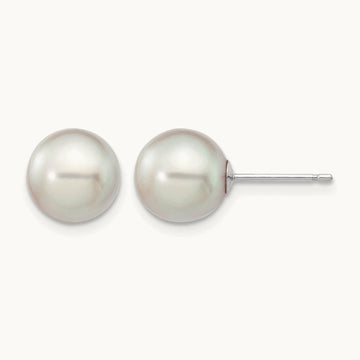 8- Round Grey Saltwater Akoya Culture Pearl Earrings, 9mm, 14K White Gold