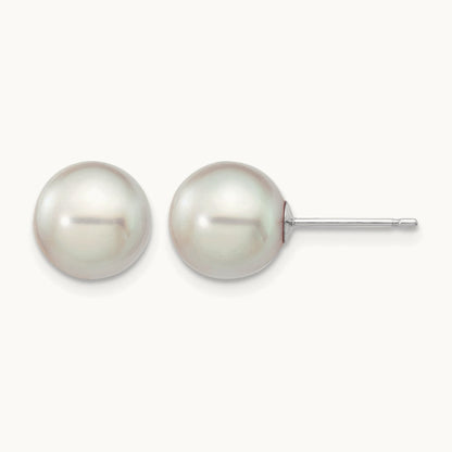 8- Round Grey Saltwater Akoya Culture Pearl Earrings, 9mm, 14K White Gold