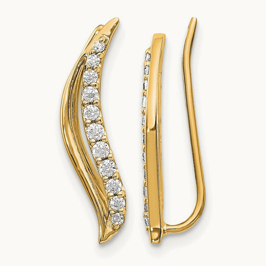 Diamond Wave Ear Climber Earrings, 14K Yellow Gold