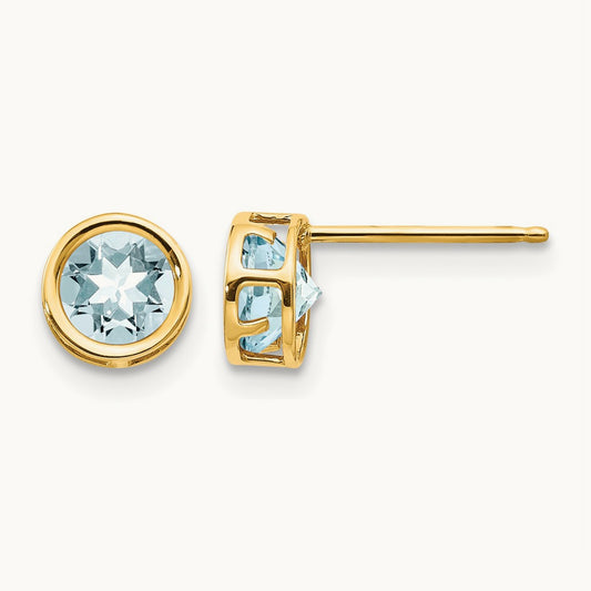 Bezel Aquamarine Stud Earrings — 14K Yellow Gold