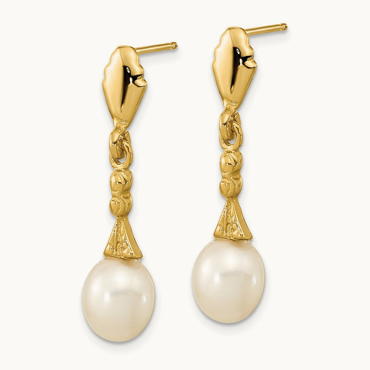 5- White Teardrop Freshwater Cultured Pearl Post Dangle Earrings, 6mm, 14K